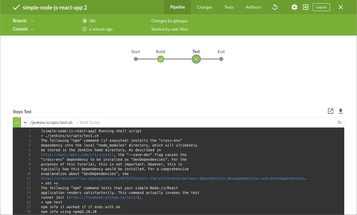 Test stage runs successfully (with output)